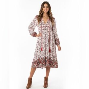 R. Vivimos NWOT Floral Bohemian Dress Long Sleeve Split Neck Tassels Lightweight